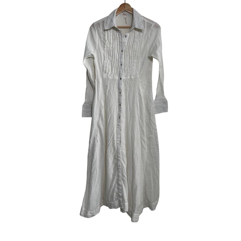Free People Maxi Dress Womens XS White Pintuck Button Front Long Sleeve Prairie - Picture 6 of 9
